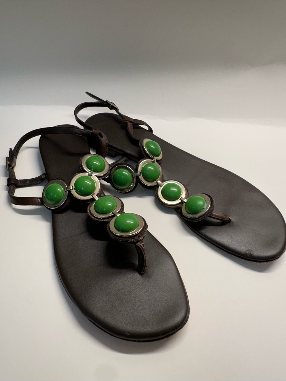 kate spade Brown Leather Flat Sandals with green embellishment, 8.5